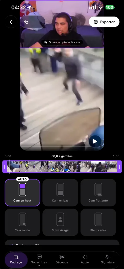 Éditeur StreamPulse Clips : bande cam en haut, jeu en dessous, choix des six dispositions