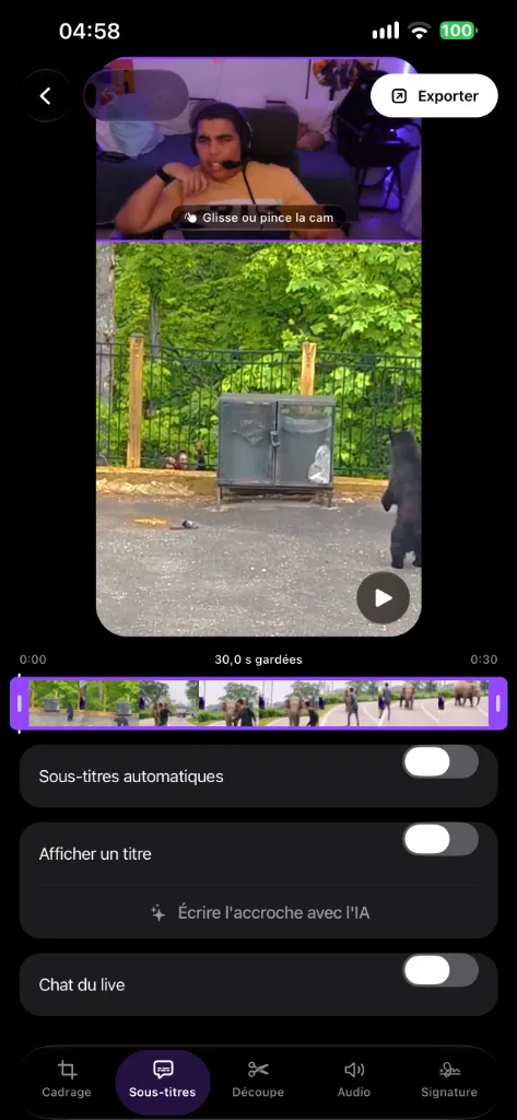 Éditeur StreamPulse Clips : réglages des sous-titres automatiques, du titre et du chat du live